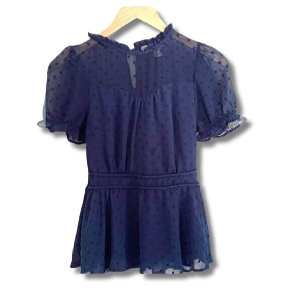 Anthropologie Tops - Soft Autumn Blue Dot Blouse Peplum Navy Polka Dot